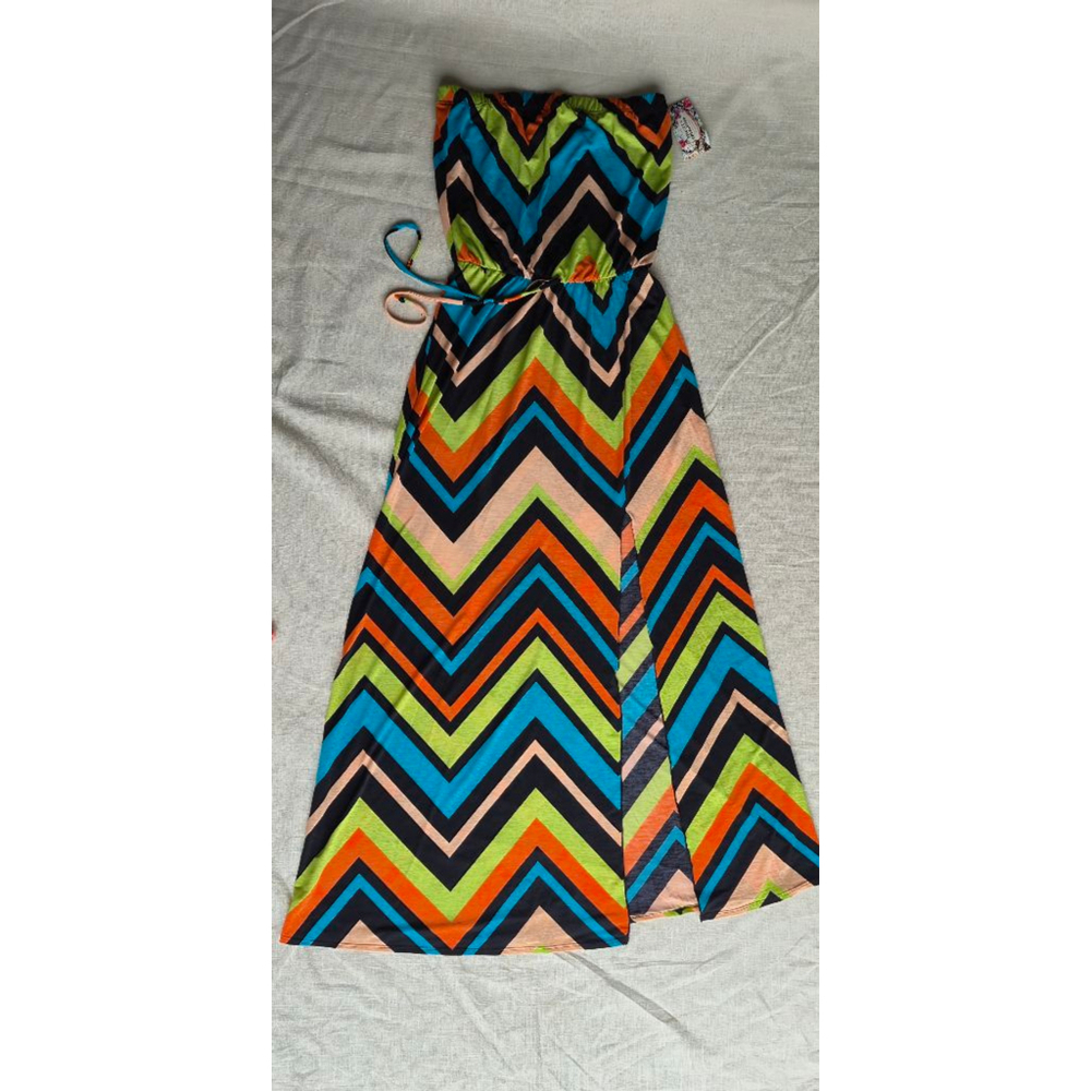 NWT Women's Yahada Multicolor Chevron Patterned Dopamine Strapless Maxi Dress L